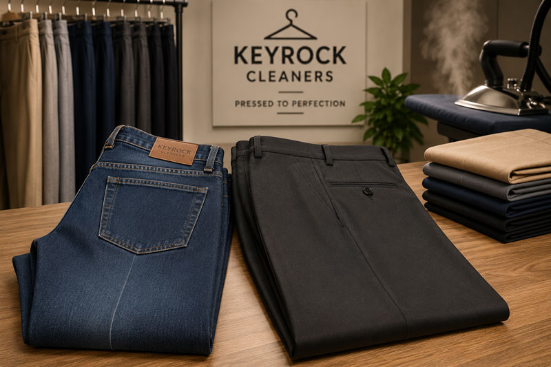 Freshly pressed jeans and slacks at Keyrocks Cleaners