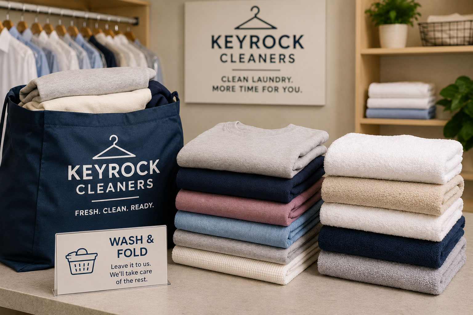 Neatly folded shirts and towels at Keyrocks Cleaners